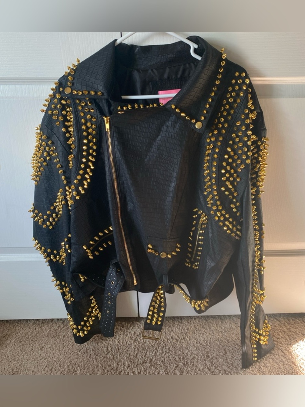 Azalea Wang Gold-Studded Black Leather Biker Jacket